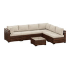 Outdoor patio corner sectional set with white cushions, dark brown wicker, and matching ottoman
