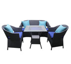 4-piece outdoor seating set with four black wicker chairs and blue cushions around a glass table
