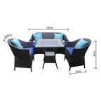 4-piece outdoor seating set with size diagram: black wicker chairs, blue cushions, glass table