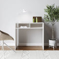 White desk with open shelving, two side cubbies, and light wood top