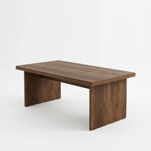 Brown MDF coffee table with rectangular top and two side panels, simple legs