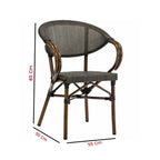 Outdoor chair with gray fabric seat, bronze arched arms, and black metal frame