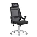 Black mesh office manager chair with cushioned seat and chrome five-wheel base
