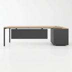 Straight office desk with light wood tabletop and dark gray cabinet base, drawer front