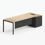 Straight office desk with light wood tabletop and dark gray base, cable recess
