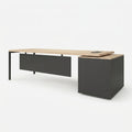 Straight office desk with light wood top, dark gray drawer fronts, and side pedestal