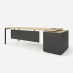 Straight office desk with light wood top, dark gray drawer fronts, and side pedestal