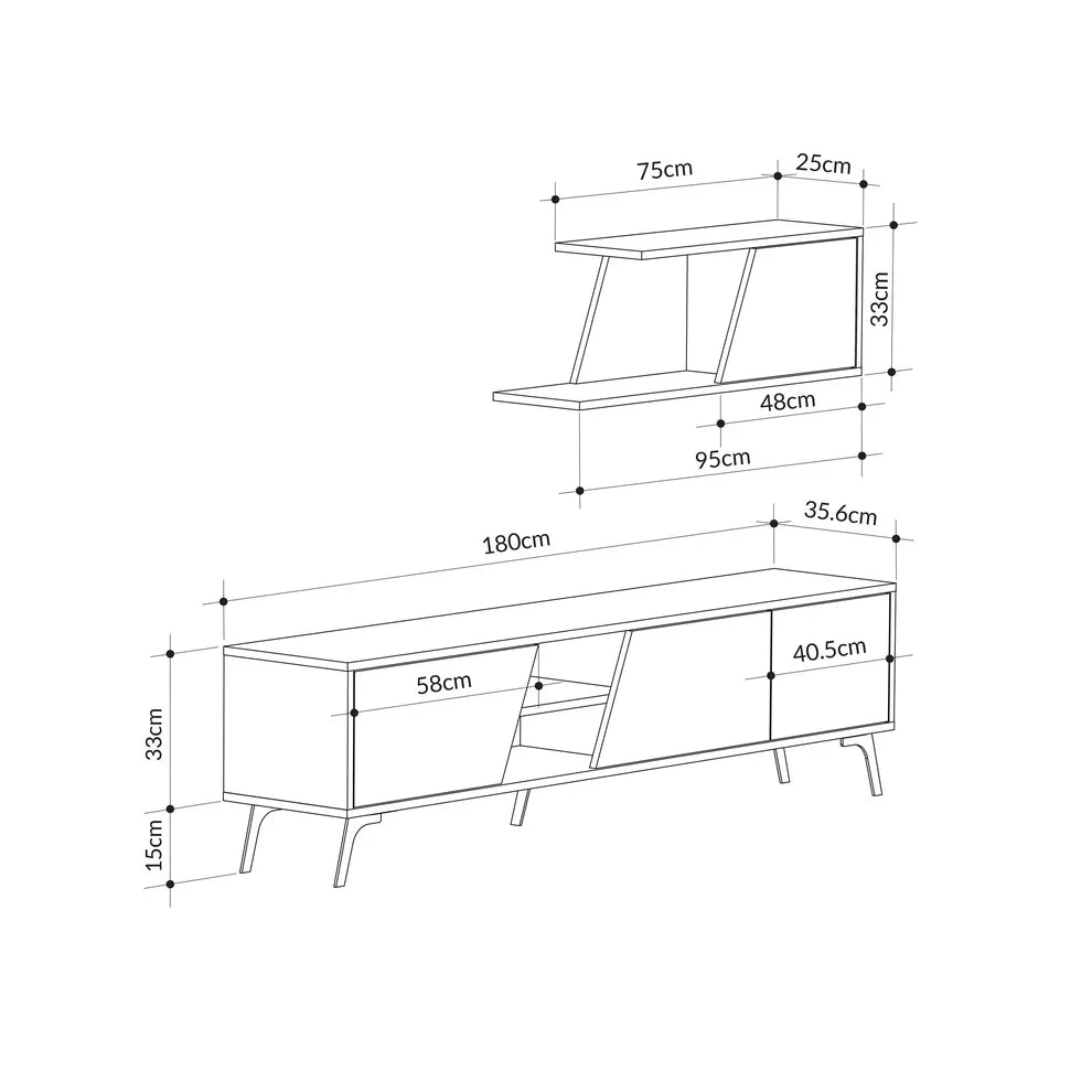 180cm MDF TV unit with open shelf, two cabinet doors, angled legs
