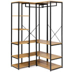 Black metal clothes rack with stepped light-wood shelves and hanging rails, open frame