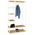 Metal clothes hanger shelving unit with MDF shelves, hanging rail and side cubbies, white