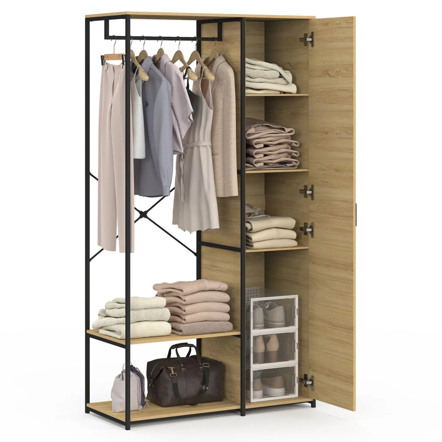 H07 Metal Clothes Hanger – Metal Frame, MDF Shelves, 90x40x180cm