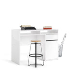 White desk with keyboard tray, open shelves, and side drawer cabinet