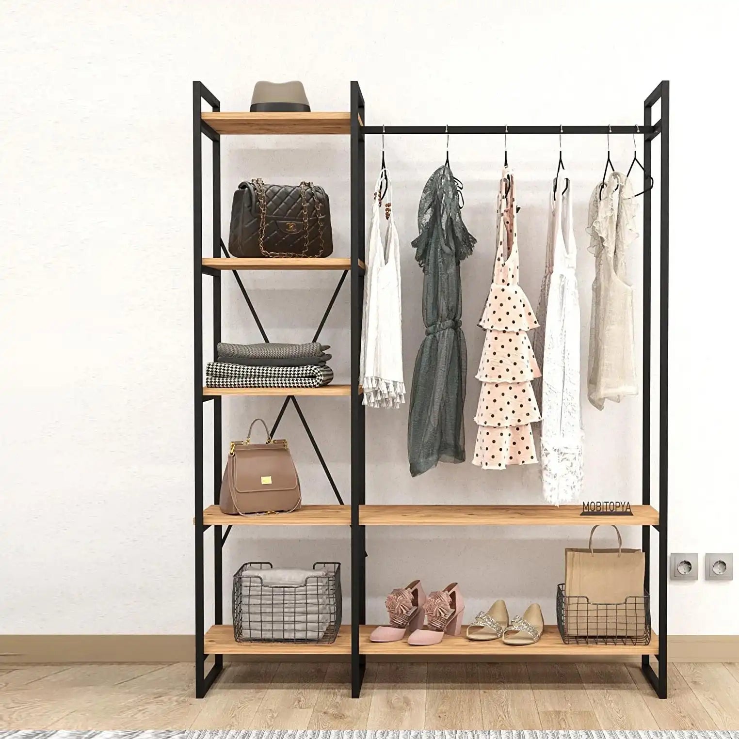 H13 Metal Clothes Hanger – Metal Frame, MDF Shelves, 120x40x180cm
