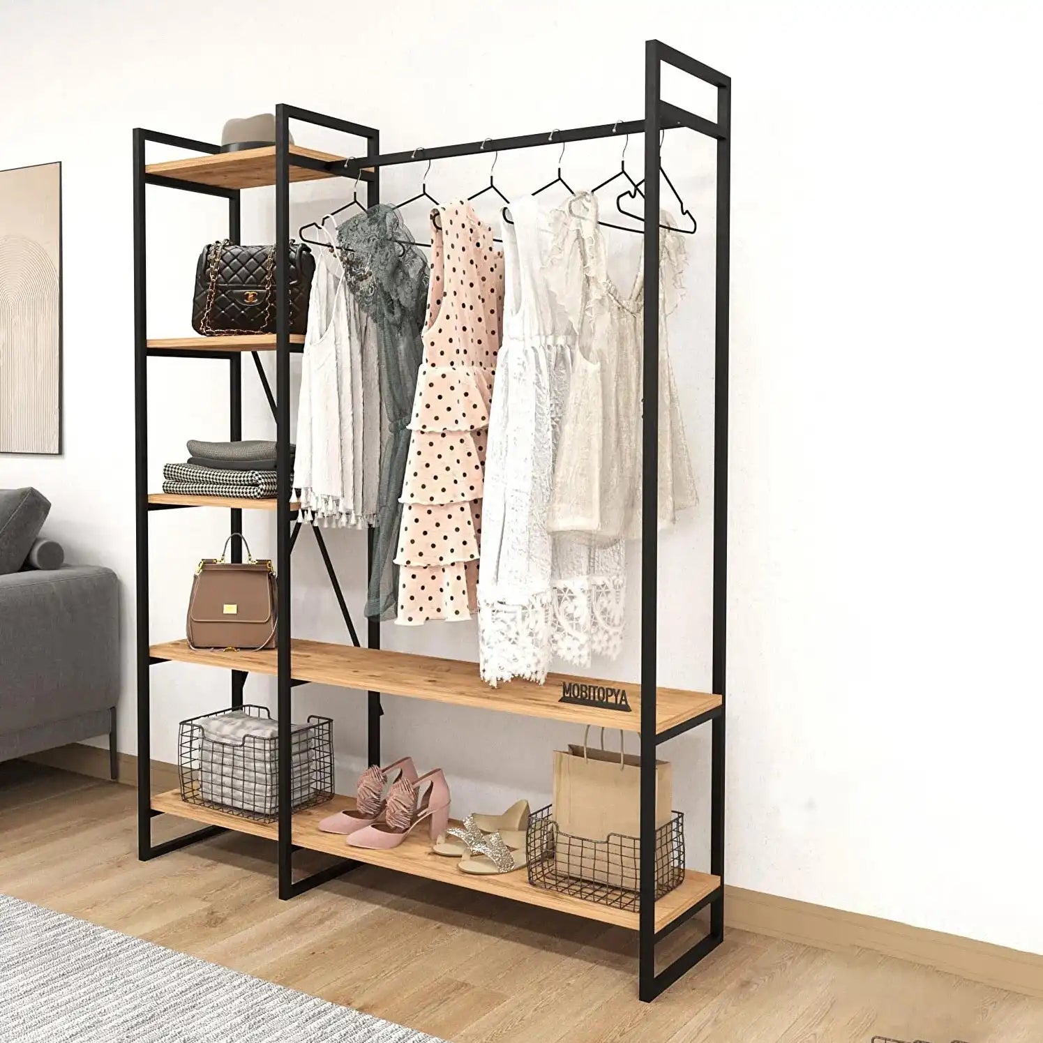 H13 Metal Clothes Hanger – Metal Frame, MDF Shelves, 120x40x180cm