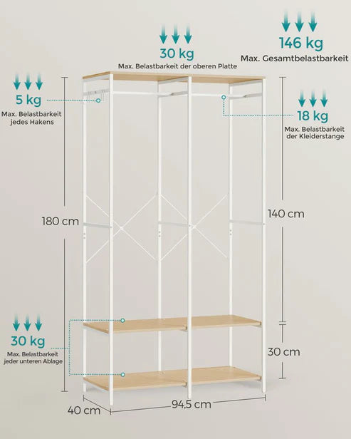 H15 Metal Clothes Hanger – Metal Frame, MDF Shelves, 94.5x40x180cm