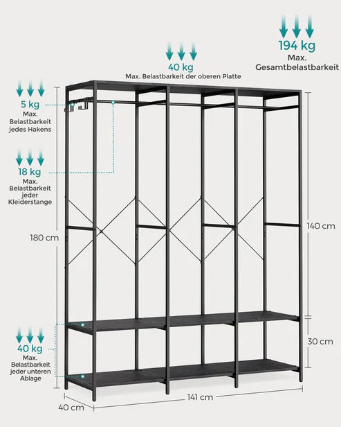 H14 Metal Clothes Hanger – Metal Frame, MDF Shelves, 141x40x180cm