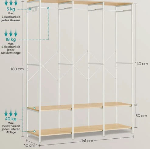 H14 Metal Clothes Hanger – Metal Frame, MDF Shelves, 141x40x180cm