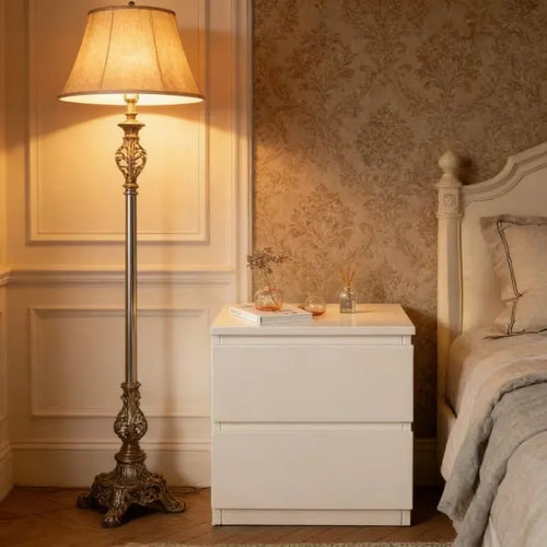 White MDF commode with two drawers and flat top surface