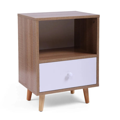 MDF bedside commode with open shelf and white drawer, oak-look finish, tapered legs