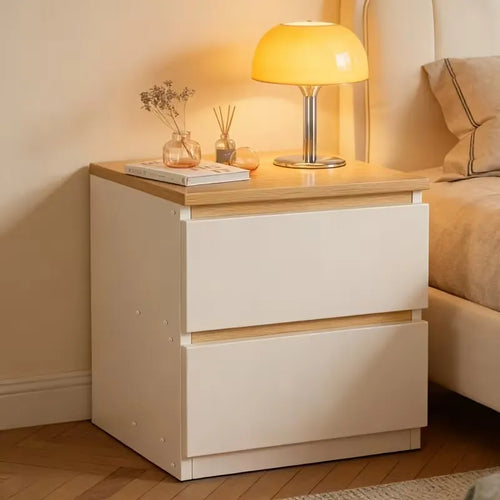 MDF commode with light wood top and two white drawers, front