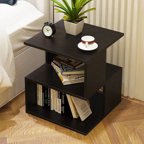 Dark MDF cube storage table with two open shelves and square top
