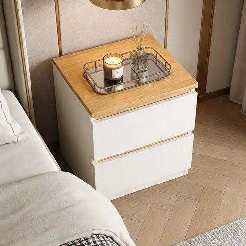 MDF commode with light wood top and two white drawers, side
