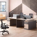 4-seat modular workstation with gray panels, shared desk surface, storage drawers