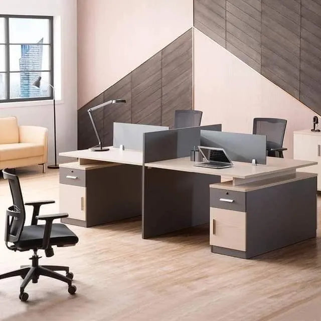 4-seat modular workstation with gray panels, shared desk surface, storage drawers
