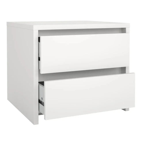 White MDF two-drawer commode with handle cutouts and sturdy legs