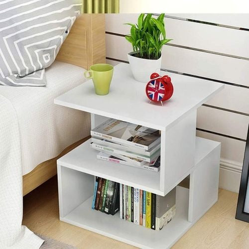 White MDF cube commode with open shelves and square tabletop
