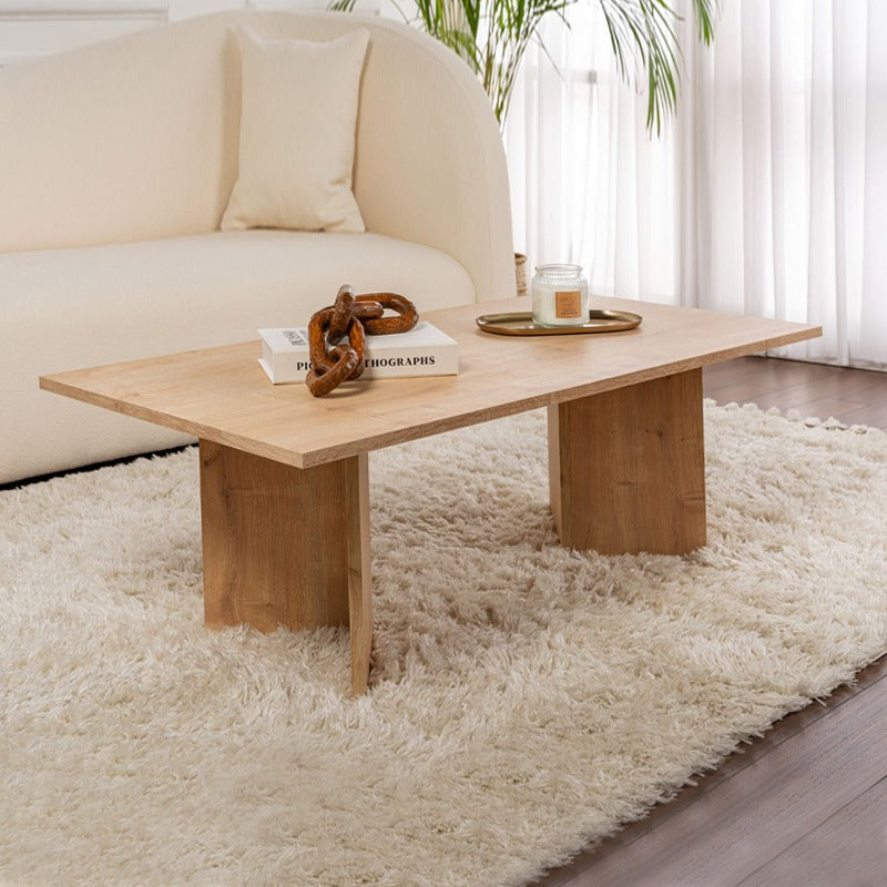 Daisy coffee table with light wood rectangular top and two angled support legs