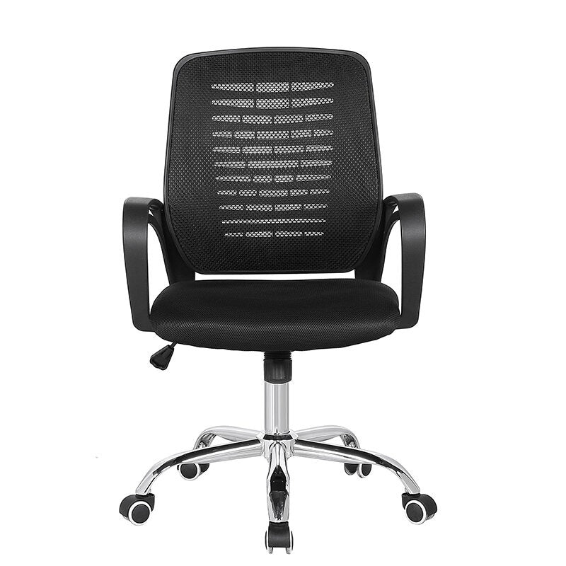 Mesh office chair back, padded seat with black arms, chrome base, rolling casters