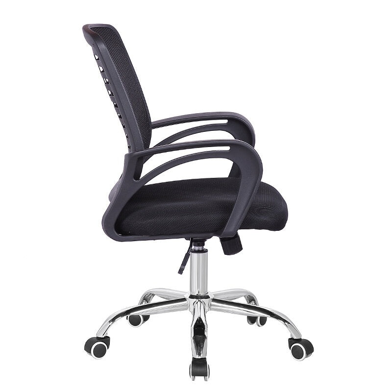 Mesh office chair, padded seat, curved armrests, black frame, chrome base with casters