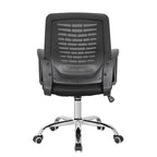Mesh office chair back with side handles, padded seat, black frame, chrome base and casters