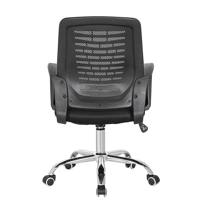 Mesh office chair back with side handles, padded seat, black frame, chrome base and casters