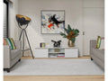 White TV unit with central shelf and side cabinets, modern storage console