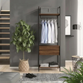 Metal clothing hanger rack with MDF shelves and hanging shirts, black frame