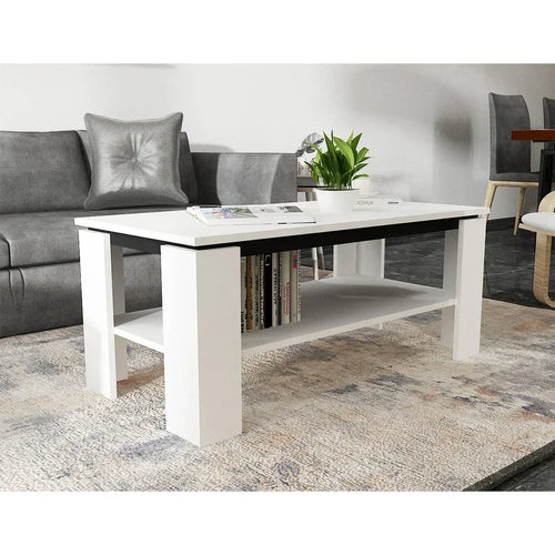 White rectangular MDF coffee table with open lower shelf and straight legs