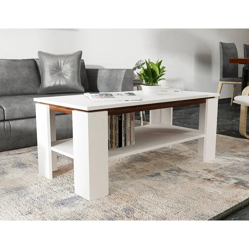 White MDF coffee table with open shelf and rectangular tabletop
